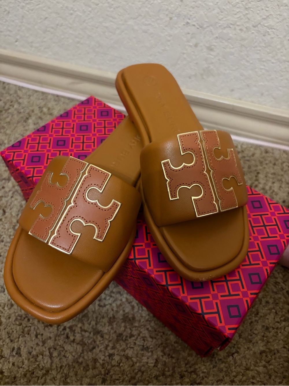 Tory Burch Cognac Leather Slide Sandals with Gold Logo Trim